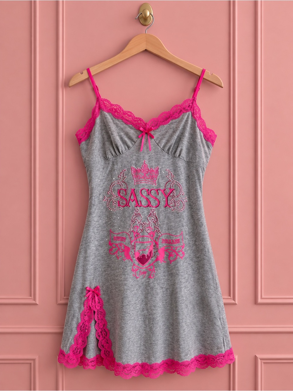 Y2K Sassy Gray & Hot Pink Graphic Print Rhinestone Lace Babydoll Dress